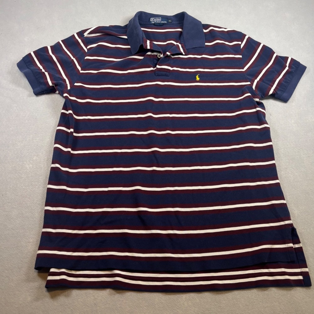 Polo Ralph Lauren Mens XL Striped Short Sleeve Polo Shirt Navy Burgundy Yellow